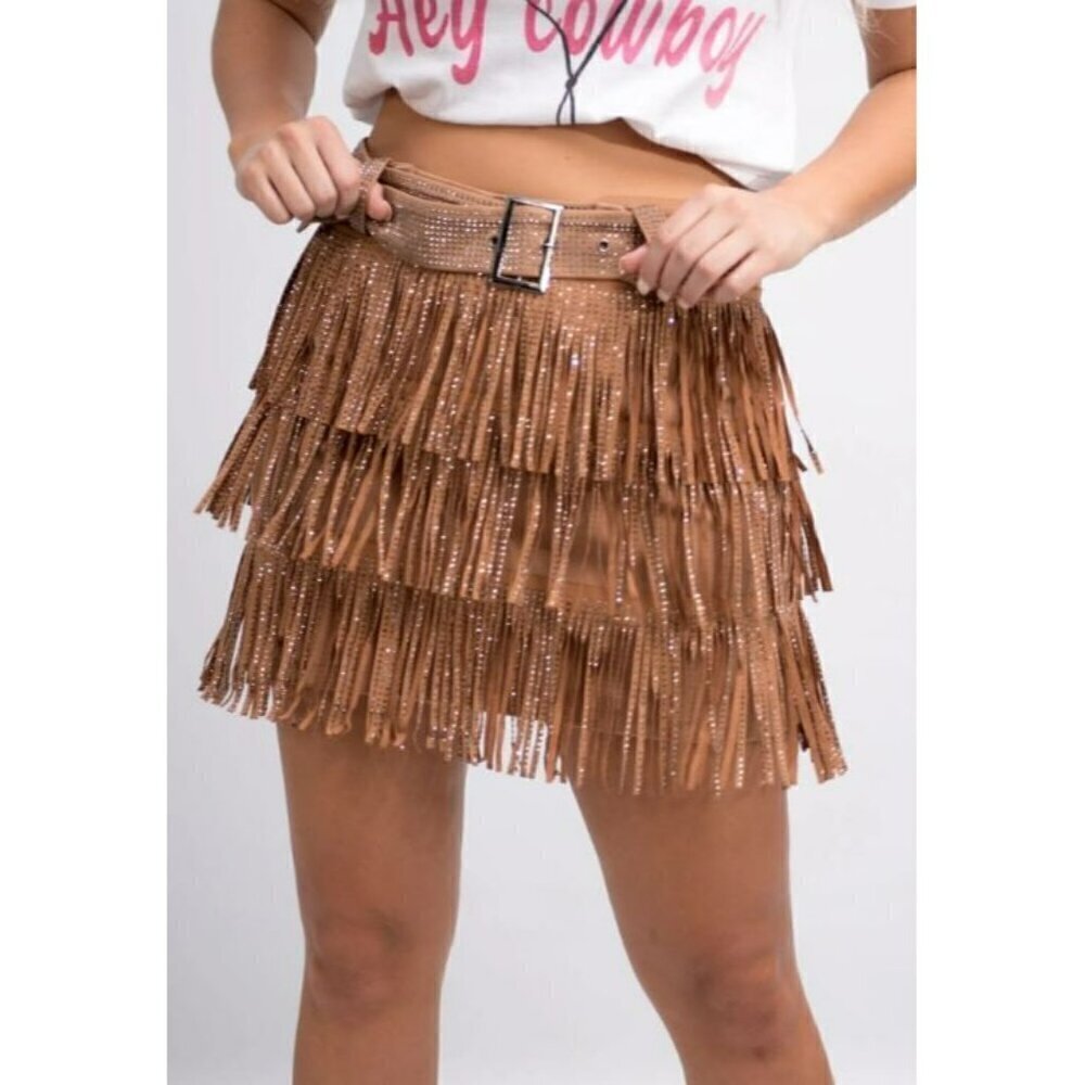 *PLUS ONLY* Spotlight Stealer Rhinestone Fringe Mini Skort Camel - Picture 8 of 10